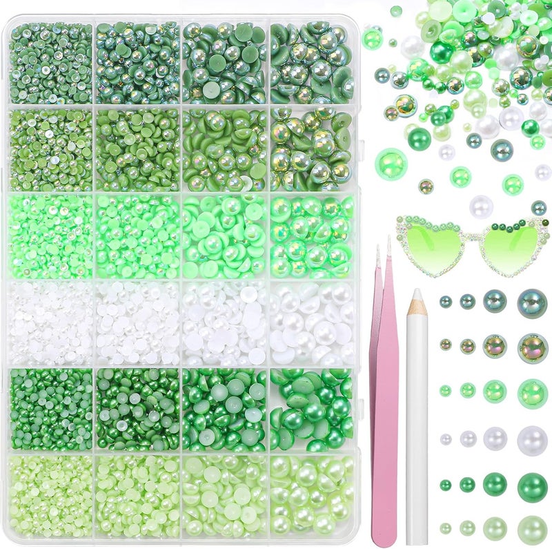 Cynailli Green Flatback Pearls for Crafting, 3/4/6/8mm Flatback Nail Pearls for Nails Art, Half Round ABS Green White Pearl Beads Gems for Nails Art DIY Crafting Face Hair Manicure DIY - Image 1
